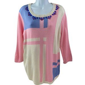 Vintage Pastel Pink and Blue Preppy Twee Embellished Rhinestone Sweater Large